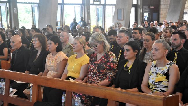 Administrator of the Northern Territory Hugh Heggie, partner Ruth Jones and Chief Minister Natasha Fyles alongside other Labor MLAs at Mr Costa’s state funeral on Wednesday. Picture: Sierra Haigh