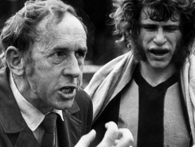 1975. Hawthorn coach John Kennedy (left) with Alan Martello (Al Martello). Football. Neg: HG1 Picture: Photo File