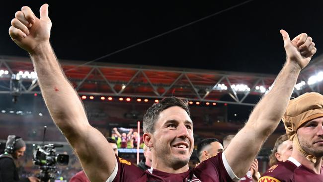 BRISBANE, AUSTRALIA - JULY 13: Ben Hunt of the Maroons celebrates victory during game three of the State of Origin Series between the Queensland Maroons and the New South Wales Blues at Suncorp Stadium on July 13, 2022 in Brisbane, Australia. (Photo by Bradley Kanaris/Getty Images)