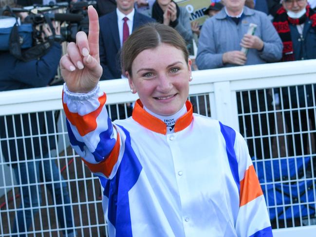 MELBOURNE, AUSTRALIA - JULY 10: Jamie Kah after riding Deep Speed to win Race 2, the Neds Filter Form Handicap, during Melbourne Racing at Caulfield Racecourse on July 10, 2021 in Melbourne, Australia. The win on Deep Speed brought up one hundred city winners in a season in Melbourne by a jockey for the first time in the history. (Photo by Vince Caligiuri/Getty Images)