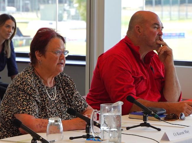 Mackay deputy mayor Karen May and councillor Martin Bella speaking at the senate inquiry into Olympic preparedness. Picture: Mitch Bourke