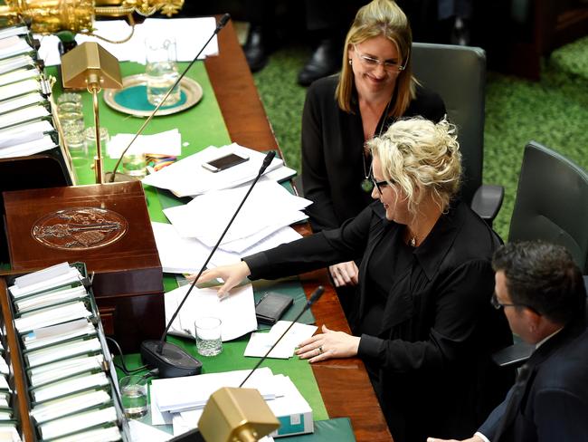 Jacinta Allan, Jill Hennessy and Premier Daniel Andrews moments after the debate in the Legislative Assembly. Picture: Nicole Garmston.