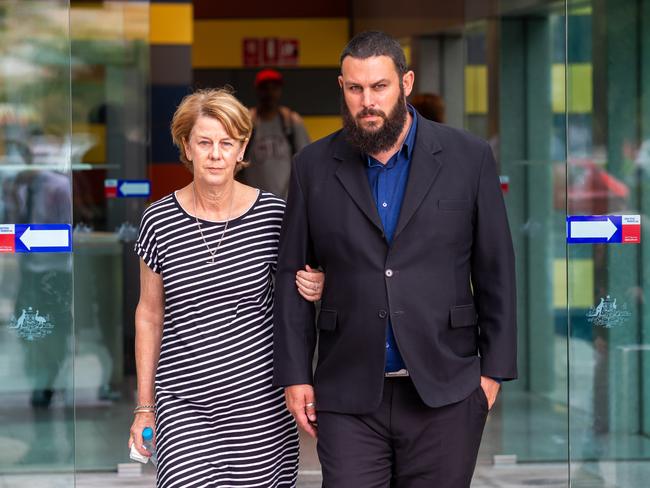 Barbara Spriggs and son Clive Spriggs speak to media after giving evidence at the Royal Commission into Aged Care, Commonwealth Courts in Adelaide, Monday, February 11, 2019. (AAP Image/James Elsby) NO ARCHIVING