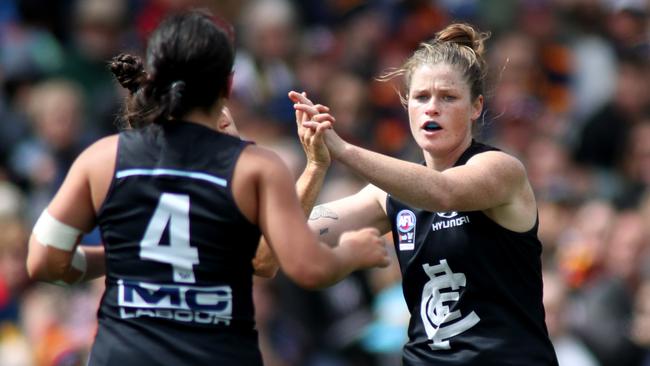 Bri Davey celebrates a goal during the AFLW grand final. Picture: AAP