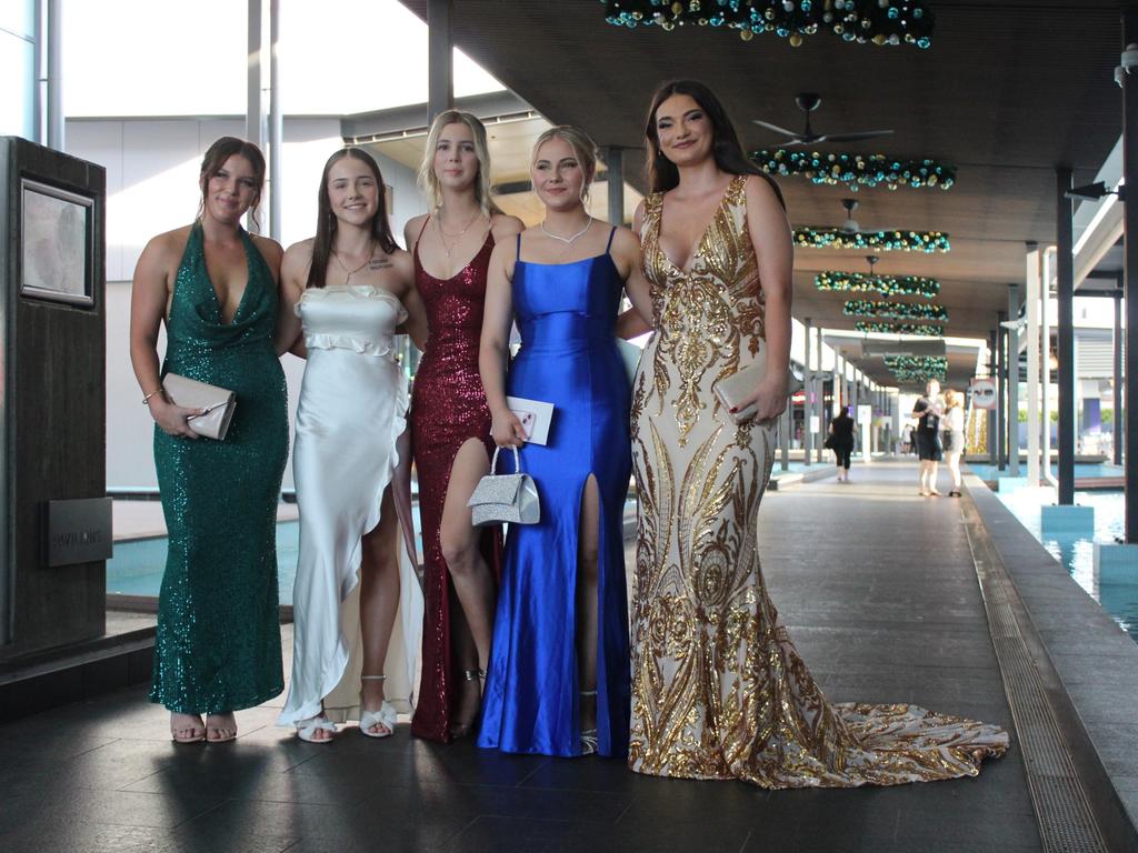 Tamlyn Griffiths, Shaylee Roberts, Makayla Lowry, Jade Weckert, Leilani Pene at the Palmerston College formal 2023.