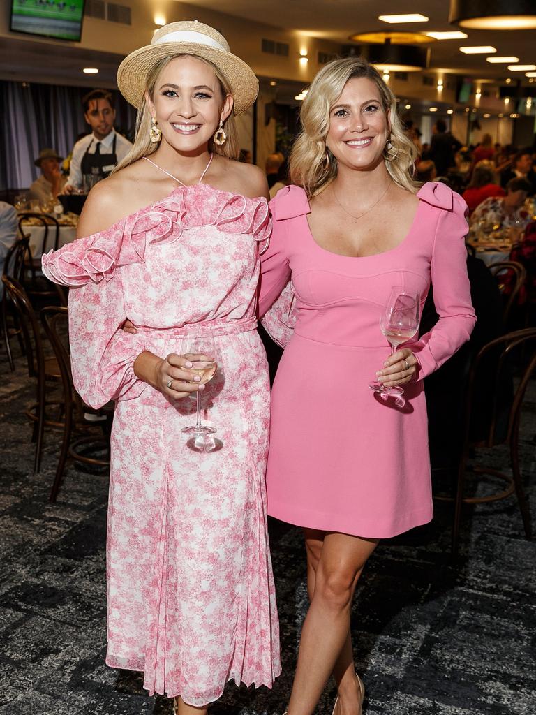 Kendall Gilding and Justine Schofield at the Brisbane Racing Club's grand unveiling of the refurbished Guineas Room. Picture: Jared Vethaak