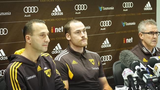 Jarryd Roughead speaks to media after returning to Hawthorn for the first time since his cancer diagnosis. Picture: David Caird.