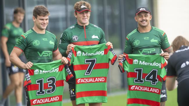 (LtoR) Lachlan Hubner, Jamie Humphreys, Jayden Sullivan ahead of their game against the Dolphins. Photo Jeremy Piper