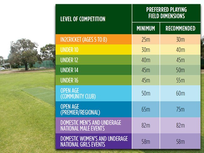 Cricket Australia's minimum boundary requirements for different age groups.