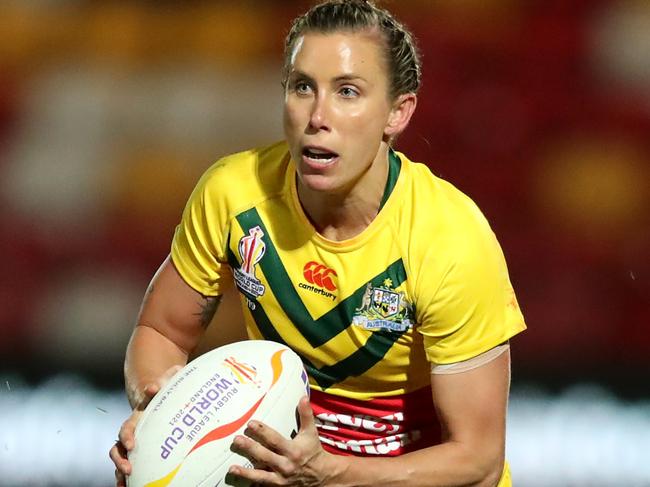 YORK, ENGLAND - NOVEMBER 02: Samantha Bremner of Australia in action during the Women's Rugby League World Cup 2021 Pool B match between Australia Women and Cook Islands Women at LNER Community Stadium on November 02, 2022 in York, England. (Photo by Jan Kruger/Getty Images for RLWC)