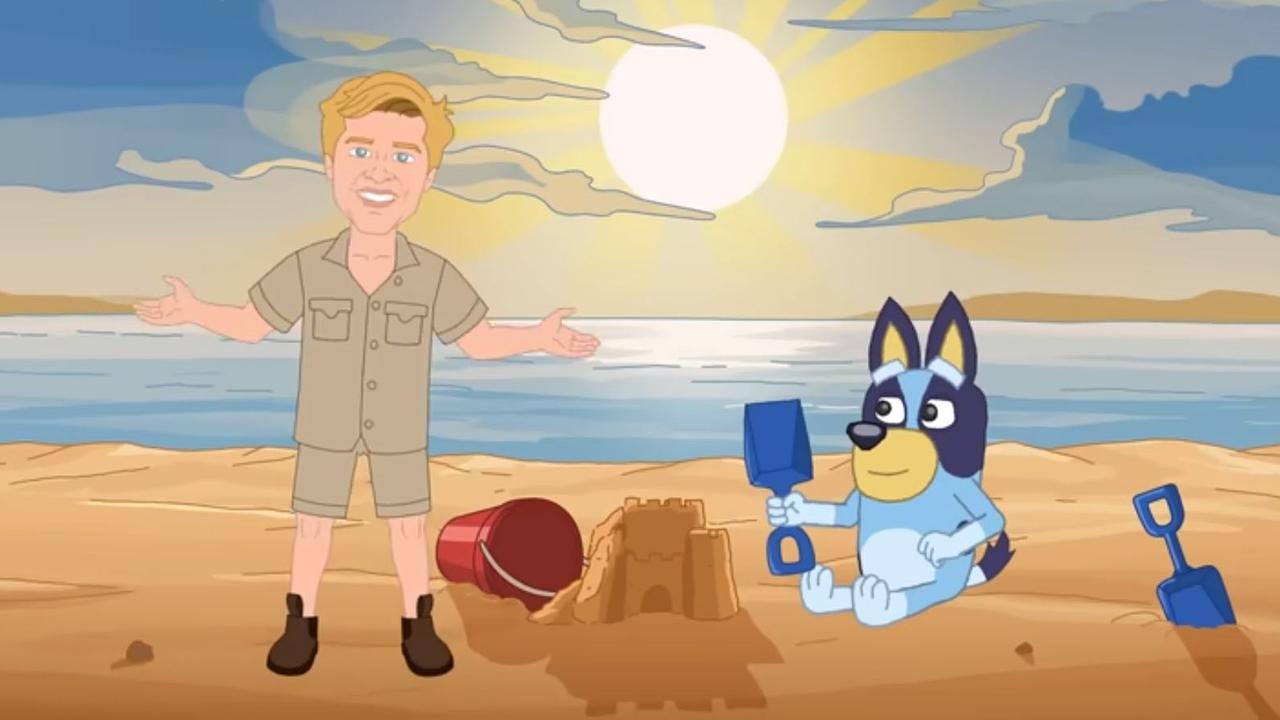 Screenshots from Pauline Hanson's Please Explain series featuring Robert Irwin and popular animated character Bluey.