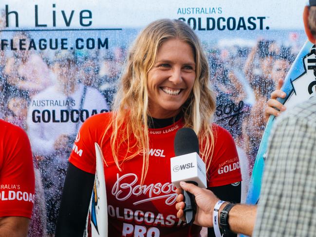 Eight-time WSL Champion Stephanie Gilmore of Australia prior to surfing in the Snapper World Champs Heat at the Bonsoy Gold Coast Pro on April 27, 2024 at Gold Coast, Queensland, Australia. (Photo by Cait Miers/World Surf League)