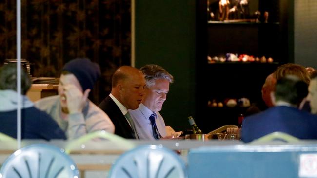 Peter Dutton and Mathias Cormann having dinner at Portia's Place restaurant in Kingston. Picture: Jonathan Ng