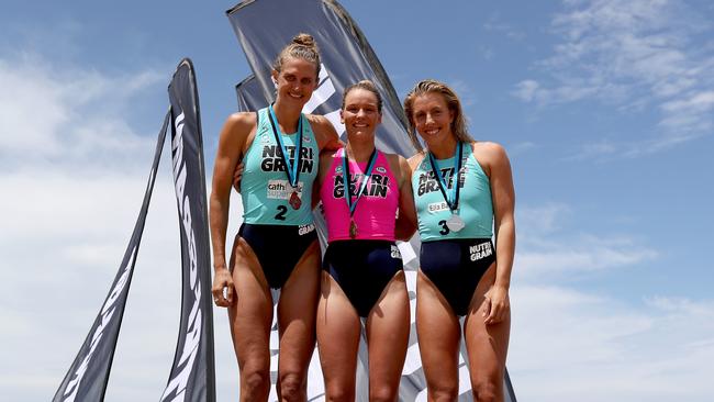 Round1 winner Maddy Dunn (centre) is flanked by clubmates Georgia Miller (right) and Harriet Brown (left), who finished second and third, respectively in an all Northcliffe podium at Queenscliff. Photo: Shane Myers