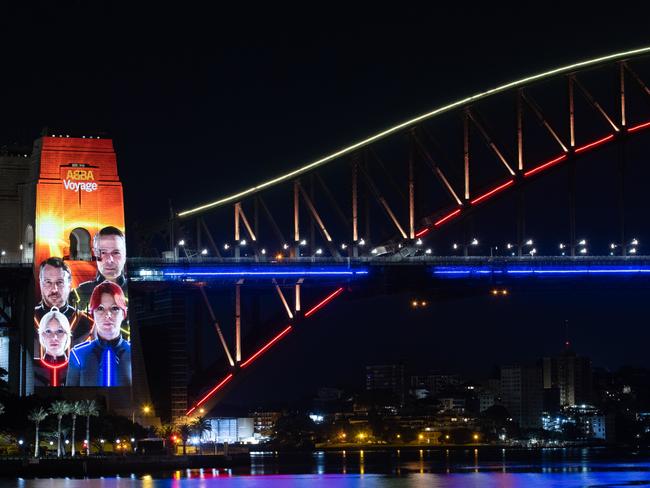 Agnetha, Benny, Bjorn and Anni-Frida appeared in virtual form on the Sydney Harbour Bridge accompanied by a dazzling light display. Picture: ABBA