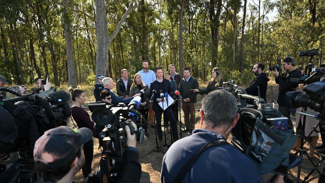 NSW Premier Chris Minns talks to the media about 500m from the crash site. Picture: AFP