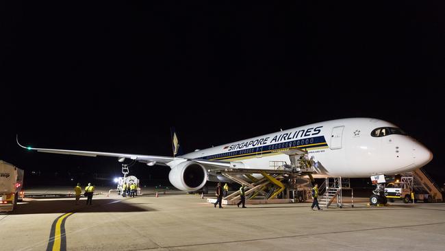 The first ever Singapore Airlines plane, an Airbus A350, lands at Wellcamp Airport en route to Singapore, Friday, June 19, 2020. Picture: Kevin Farmer