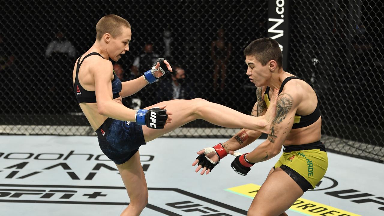 Rose Namajunas kicks Jessica Andrade at UFC 251. Picture: Jeff Bottari/Zuffa LLC