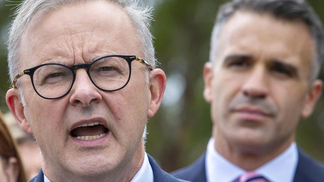 Anthony Albanese on the campaign trail with Peter Malinauskas. Picture: Emma Brasier