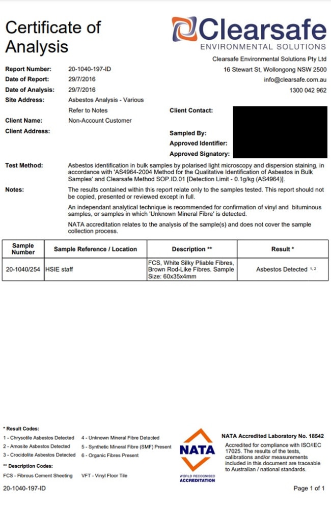 The 2016 asbestos test result.