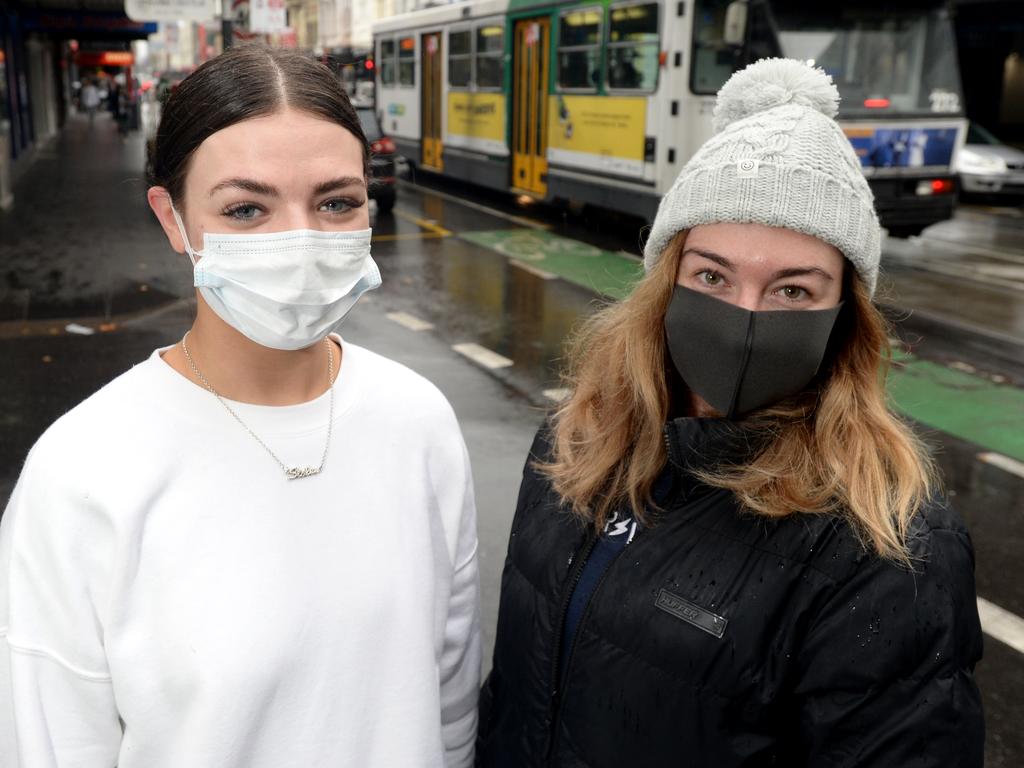 Flatmates Courtney Russ and Laura McCann wearing face masks in Melbourne. Picture: Andrew Henshaw