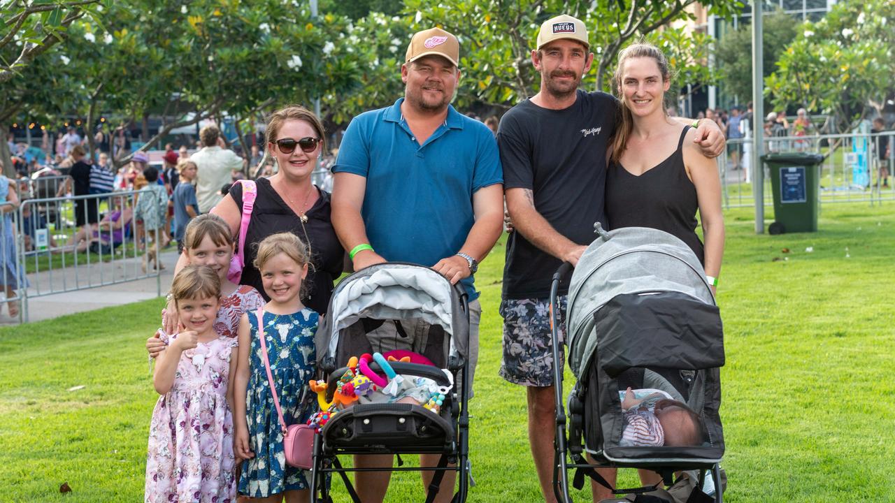 Rebecca and Rankin Garland with their children Billy, Bailee, Lacey and Livia, and their friends Justin and Jennifer Mitchell-Hill with their son Charlie at Darwin Waterfront on New Year’s Eve 2020. Picture: Che Chorley