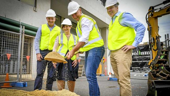 Central Queensland Hospital and Health Service executive director of Gladstone-Banana, Sandy Munro and CQHHS chief executive Steve Williamson (right) pictured with Woollam Constructions managing director Craig Percival and Gladstone MP Glenn Butcher at the turning of the sod for Gladstone&#39;s new emergency department in February. Picture: Matt Taylor GLA070219SODT