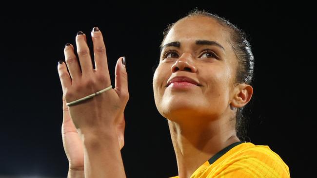 PERTH, AUSTRALIA - NOVEMBER 01: Mary Fowler of the Matildas acknowledges the crowd after the win during the AFC Women's Asian Olympic Qualifier match between Australia Matildas and Chinese Taipei at HBF Park on November 01, 2023 in Perth, Australia. (Photo by James Worsfold/Getty Images)