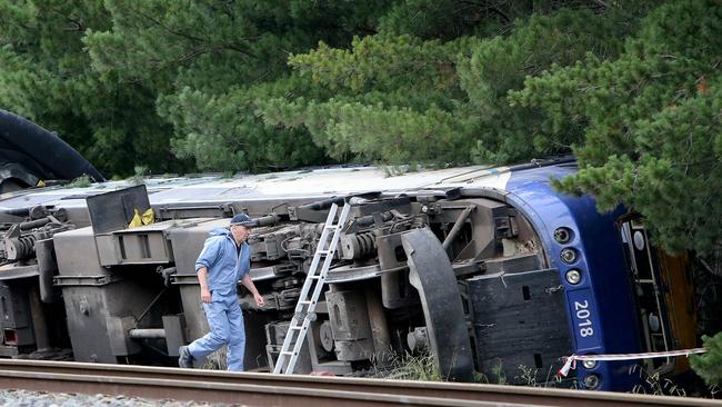 The first carriage of the XPT Sydney to Melbourne service rolled onto its left-hand side. Picture: Stuart McEvoy/The Australian.