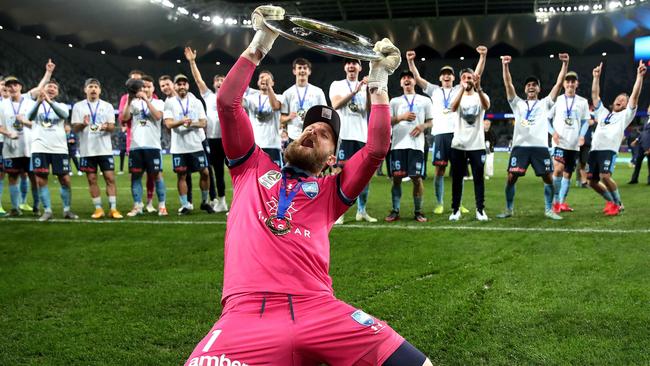 Sydney FC goalkeeper Andrew Redmayne leads the celebrations. Picture: Phil Hillyard