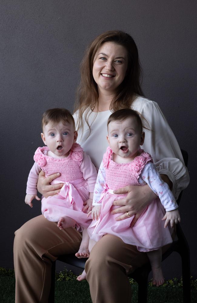 Sierra Olave had identical twins, Evelyn (white sleeves) and Genevieve (pink sleeves) with twin to twin transfusion syndrome and underwent fetal laser surgery while pregnant. The babies were then born prematurely at 23 weeks and one day. Picture: David Kelly