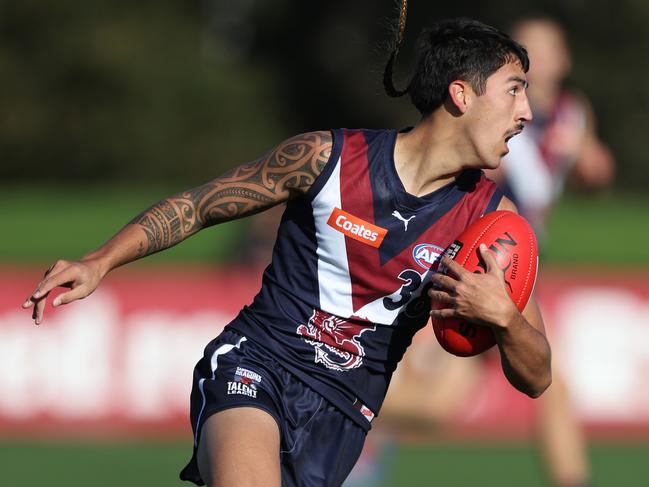 MELBOURNE, AUSTRALIA - MAY 18: Jhett Haeata of the Dragons in action during the 2024 Coates Talent League Boys Round 08 match between the Sandringham Dragons and the Sydney Swans Academy at RSEA Park on May 18, 2024 in Melbourne, Australia. (Photo by Rob Lawson/AFL Photos)
