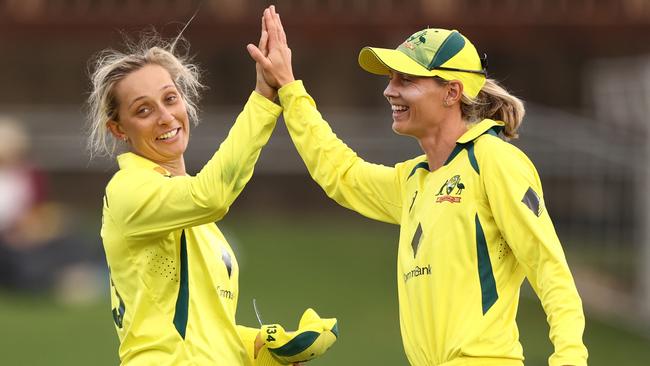 SYDNEY, AUSTRALIA - JANUARY 21: Ashleigh Gardner of Australia celebrates taking the wicket of Ayesha Naseem of Pakistan during game three of the Women's One Day International Series between Australia and Pakistan at North Sydney Oval on January 21, 2023 in Sydney, Australia. (Photo by Robert Cianflone/Getty Images)