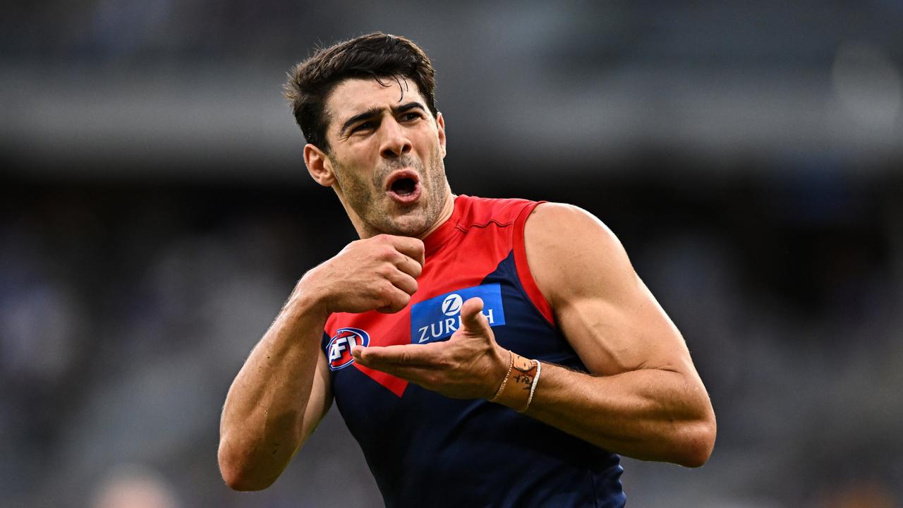 PERTH - APRIL 09: Christian Petracca of the Demons responds to the crowd after kicking a goal during the 2023 AFL Round 04 match between the West Coast Eagles and the Melbourne Demons at Optus Stadium on April 9, 2023 in Perth, Australia. (Photo by Daniel Carson/AFL Photos via Getty Images)