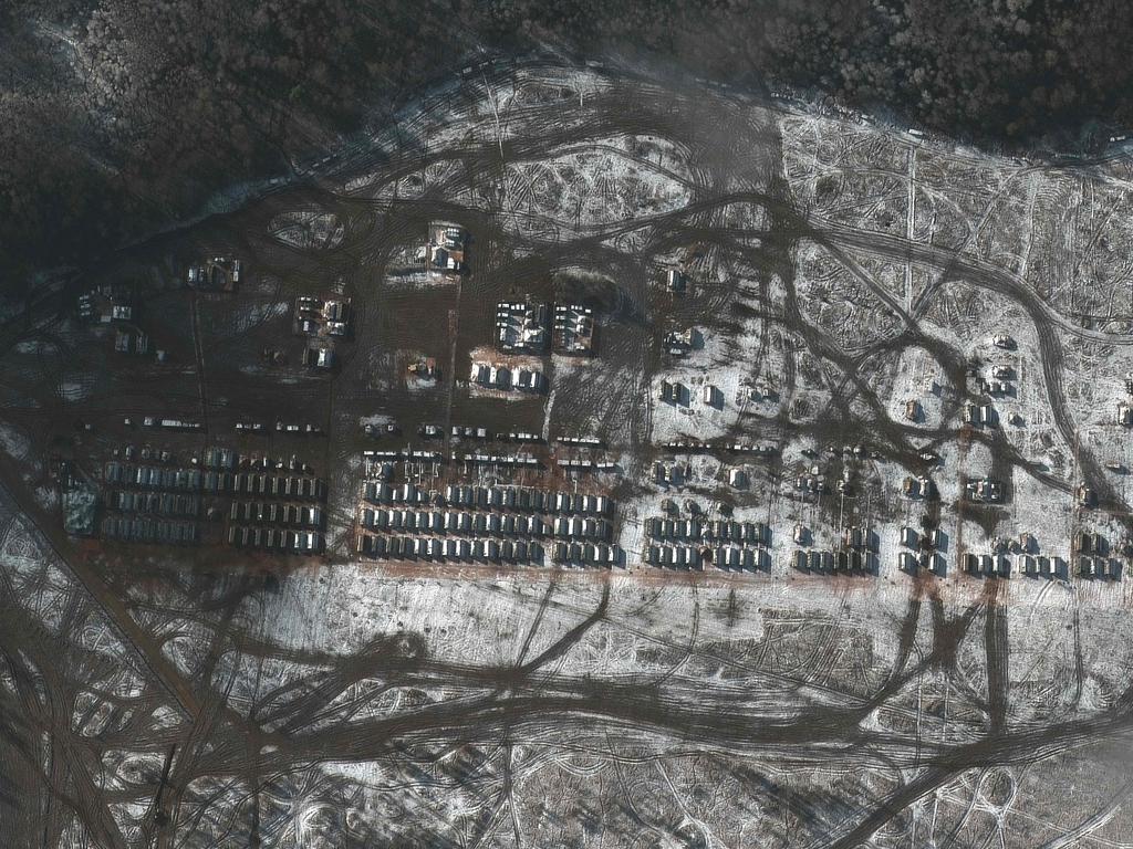 This satellite image released by Maxar Technologies on December 5, 2021, reportedly shows Russian ground forces equipment near Yelnya, Russia, on November 9, 2021. Picture: Maxar Technologies/AFP