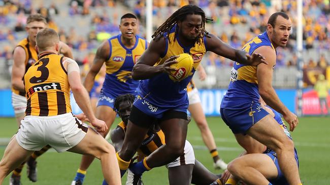 Eagle Nic Naitanui bursts clear from a stoppage against the Hawks on Sunday. Picture: Paul Kane/Getty Images