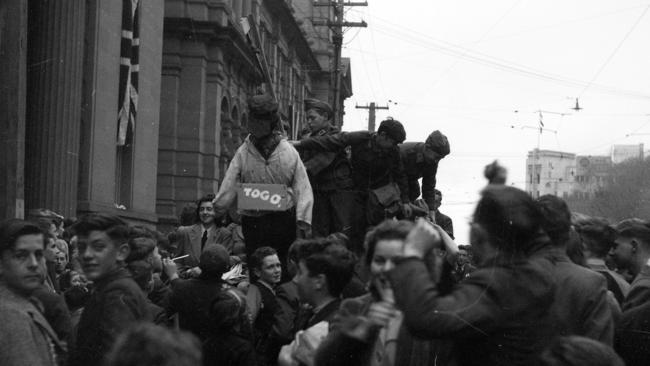 Aussies celebrate Victory in the Pacific Day in 1945, complete with an effigy of Japanese prime minister Tojo.