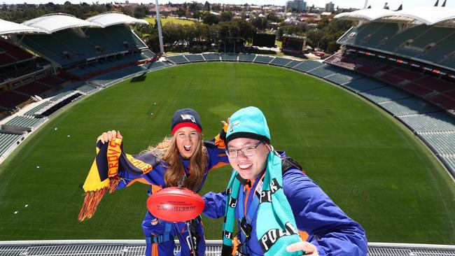 Now that’s a view! Stephanie Valleau and Daniel Tan enjoy the Adelaide Oval RoofClimb. Picture: Tait Schmaal