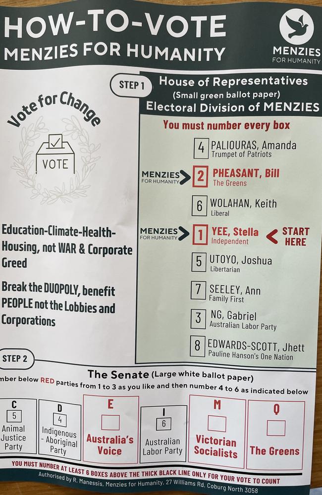 Menzies for Humanity how-to-vote card. Picture: Supplied