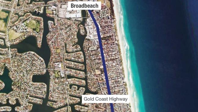 The light rail path along the Gold Coast Highway as originally proposed in 2015. Photo: Supplied.