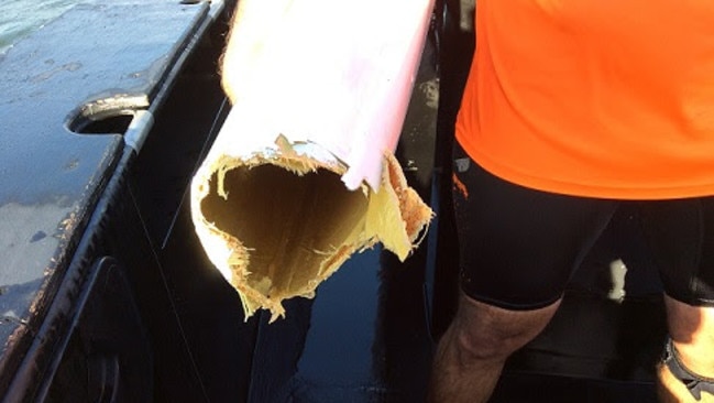 A Sunshine Coast man has had a lucky escape after a shark bit off the back of his kayak in Moreton Bay on Sunday. Picture: Supplied