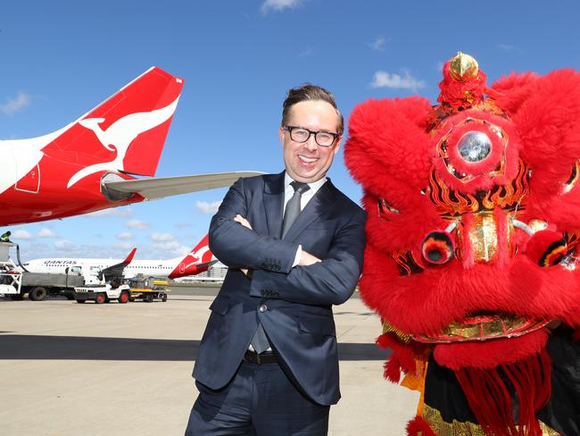 13/10/16 Qantas CEO Alan Joyce announces flights to Beijing. Pictured on the tarmac at Mascot Airport with Qantas Plane. Picture Renee Nowytarger / The Australian