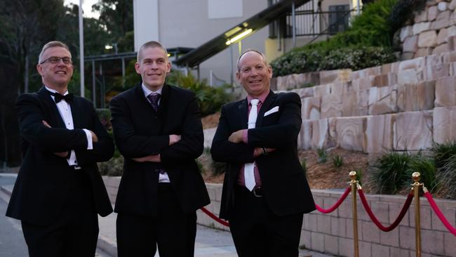 Deputy Head Dirk Van Bruggen, Ethan Blackstock and Executive Head Jeff Davis. Hillcrest Christian College 2020 school formal. Photo: Supplied