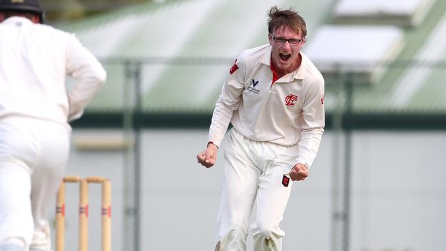 Liam Bowe celebrates a wicket against Monash Tigers.