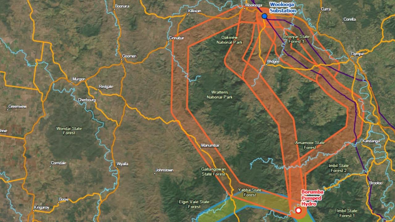 Powerlink Qld proposed high voltage transmission line paths for Borumba Dam pumped hydro plant.