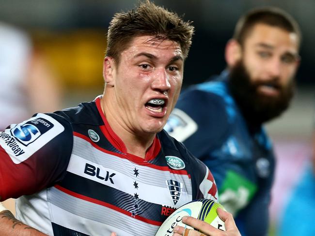 Sean McMahon of the Rebels makes a run during the Round 10 Super Rugby match between the Blues and Melbourne Rebels at Eden Park in Auckland, Saturday, April 30, 2016. (AAP Image/ David Rowland) NO ARCHIVING, EDITORIAL USE ONLY