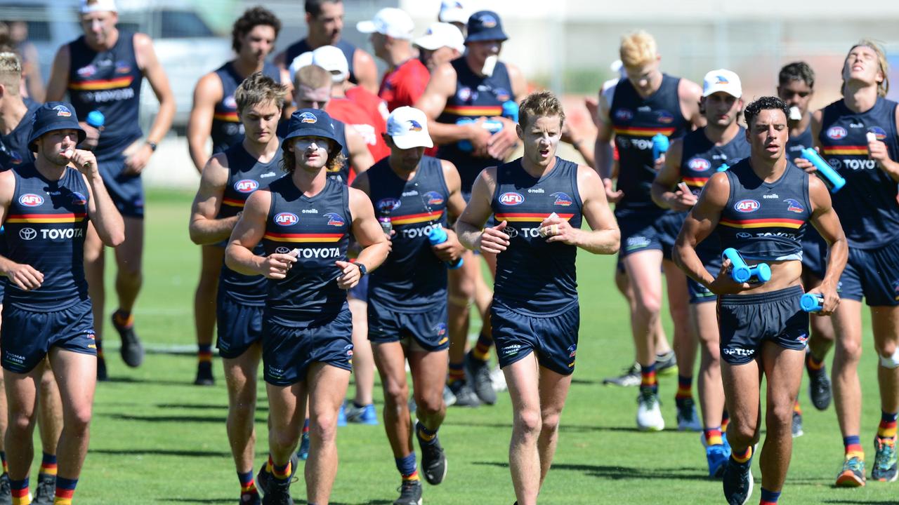 The Adelaide Crows hit the training track at West Lakes on Monday. Picture: Michael Marschall