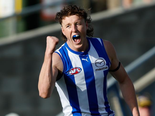 HOBART, AUSTRALIA - AUGUST 26: Nick Larkey of the Kangaroos celebrates a goal during the 2023 AFL Round 24 match between the North Melbourne Kangaroos and the Gold Coast SUNS at Blundstone Arena on August 26, 2023 in Hobart, Australia. (Photo by Dylan Burns/AFL Photos via Getty Images)