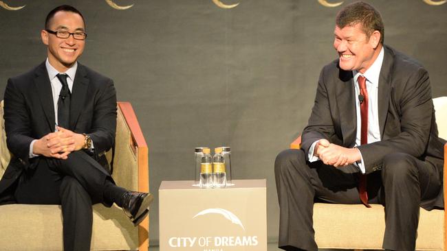 Gaming tycoon Stanley Ho and James Packer during a press conference at the newly-opened City of Dreams mega-casino in Manila in 2015. Picture: AFP