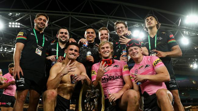 NRL 2024 GF Melbourne Storm v Penrith Panthers - Nathan Cleary Lindsay Smith Brad Schneider, Trophy, Must Credit NRL Photos